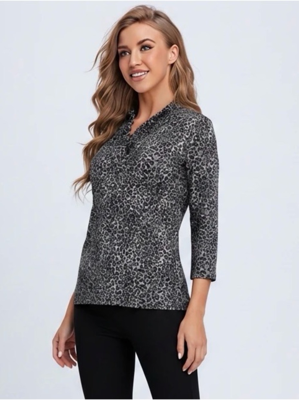 J. McLaughlin Durham Catalina Cloth Ruffle Neck Leopard Print Top Stretch Sz M